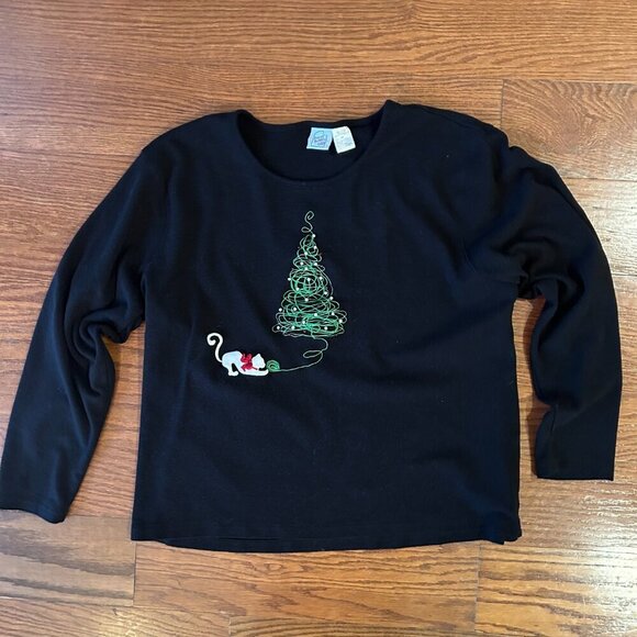 Cat Christmas Tree Beaded Embroidered Holiday Long Sleeve Tee Size 2XL XXL - Picture 10 of 10